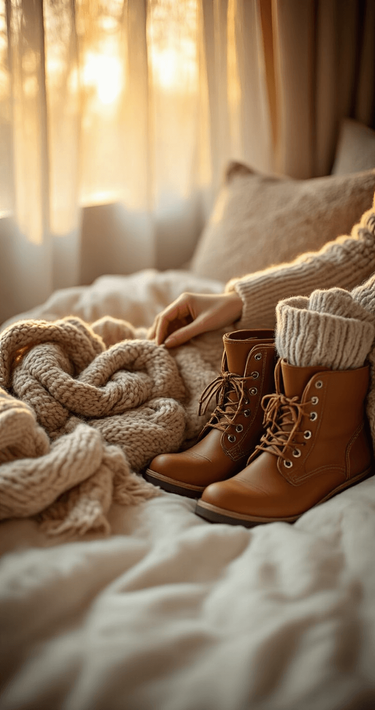 Cozy bedroom corner bathed in warm golden hour light, featuring hands arranging winter accessories on a plush white duvet, including chunky knit scarves, leather boots with patterned socks, and delicate layered jewelry, captured with a soft bokeh effect and shallow depth of field.