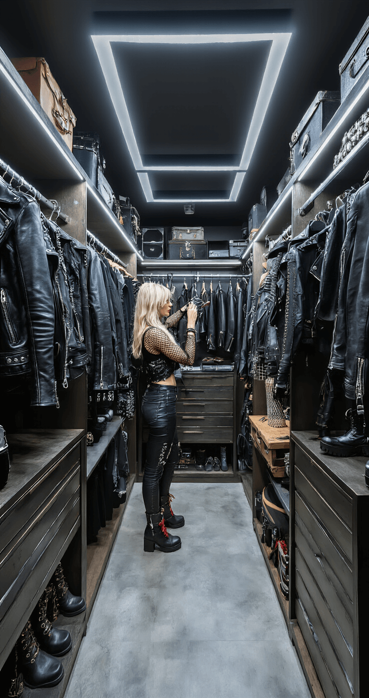 A wide-angle view of a modern walk-in closet featuring ambient track lighting, showcasing a fashion curator organizing a punk rock inspired collection with leather jackets, fishnet tops, studded accessories, and combat boots against an industrial backdrop with luxe textures and a cool-toned color palette.