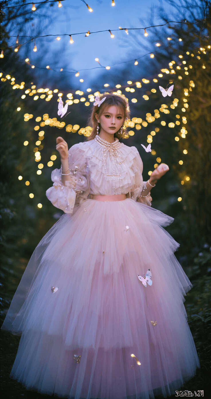 A model in a whimsical pastel tulle skirt and puffed sleeve blouse adorned with pearls stands in an enchanted garden at twilight, surrounded by twinkling fairy lights and butterfly accessories, captured with a dreamy bokeh effect.