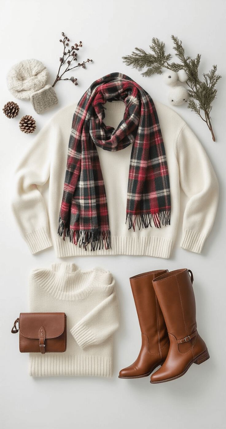 A minimalist photography studio illuminated by soft natural light features a flat lay of winter outfits, including cashmere sweaters, plaid scarves, and leather boots, artfully arranged to showcase textures and coordinated accessories in a high-end editorial style.