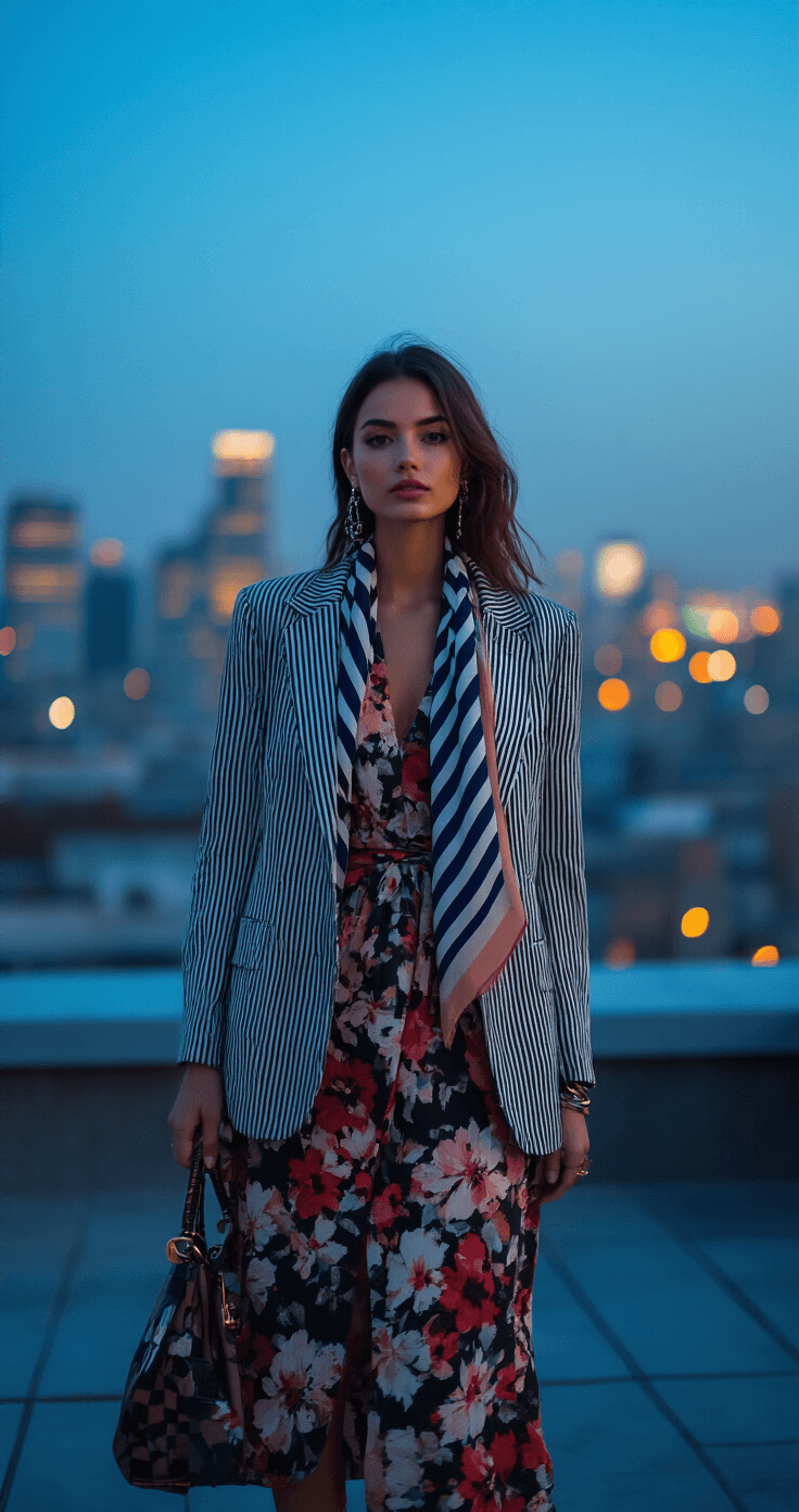 Fashion blogger in a floral midi dress with a striped blazer and geometric print scarf, posing on an urban rooftop at blue hour with blurred city lights in the background.
