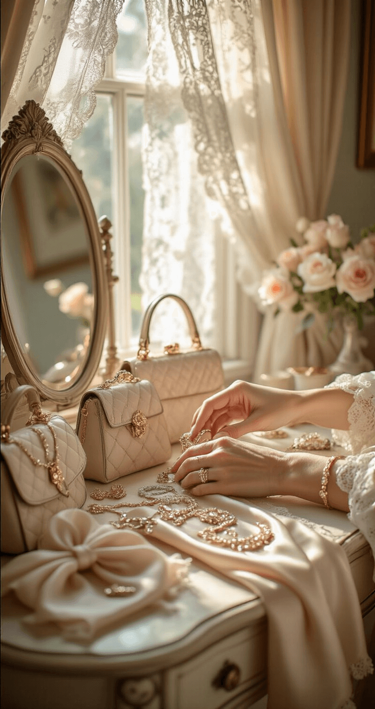 Close-up of a vintage-inspired bedroom with morning light filtering through lace curtains, showcasing hands arranging delicate jewelry, silk scarves, and classic handbags on an antique vanity, in a soft, romantic atmosphere.