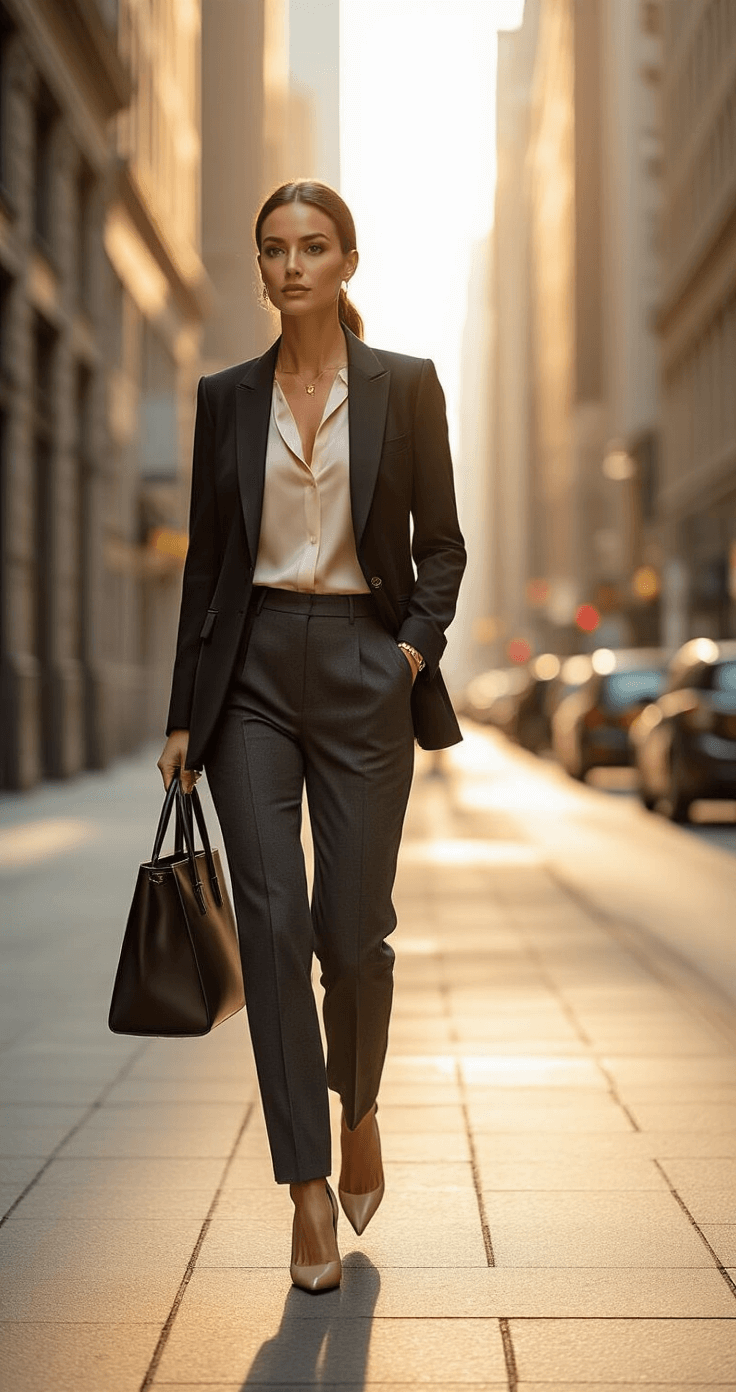 A confident professional woman in a tailored black blazer and cream blouse walks on a sleek city sidewalk, with soft golden sunlight streaming between buildings, captured from a low angle to emphasize her power pose.