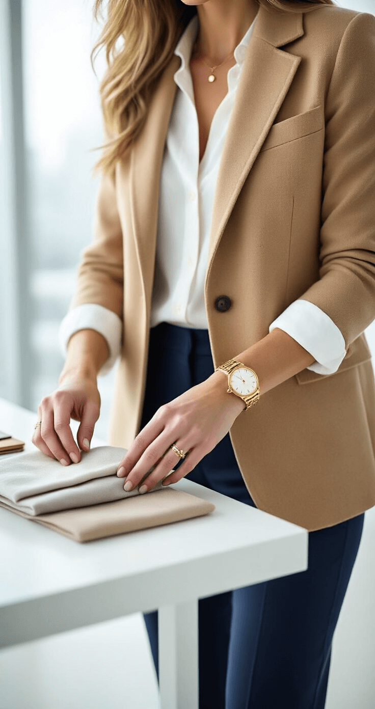 Close-up of a modern office outfit featuring a camel cashmere blazer, white silk button-down, and navy high-waisted trousers on a minimalist white desk, with a gold watch and bracelet stack visible, set against bright floor-to-ceiling windows.