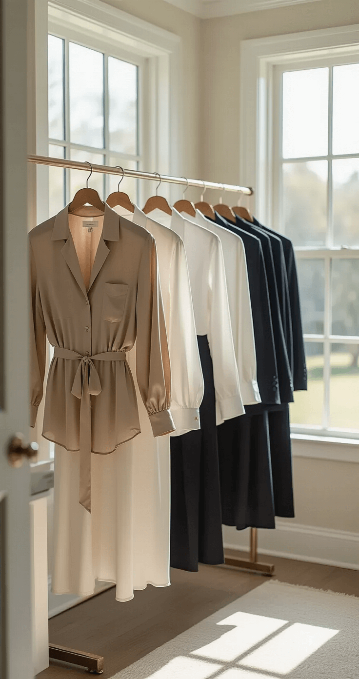 A bright walk-in closet with large windows, showcasing a curated rack of neutral clothing including beige silk blouses, white button-downs, black and navy trousers, and various blazers, all highlighting quality stitching and fabric textures in soft, diffused light.