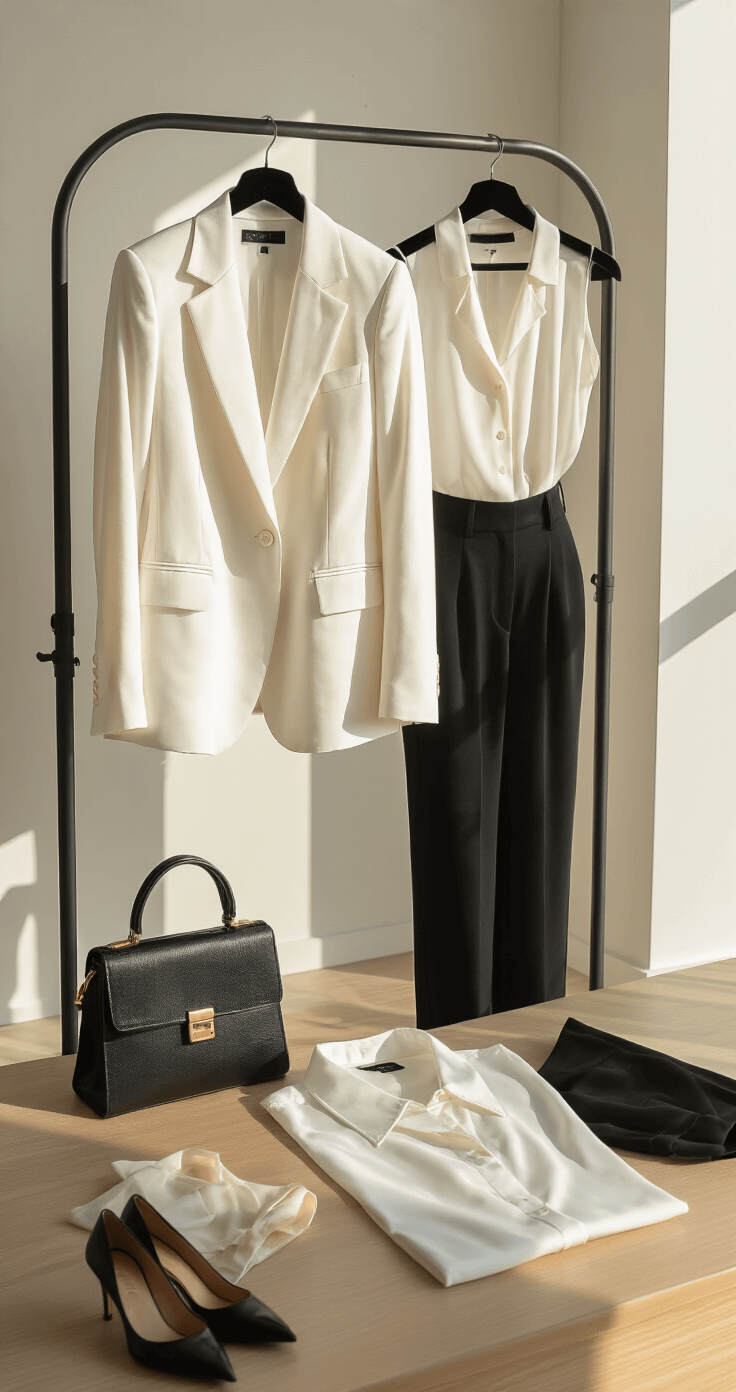 A clean and contemporary apartment bathed in afternoon light showcases an outfit laid out for an important meeting, featuring a pressed white blazer on a velvet hanger, a silk blouse, high-waisted black trousers, polished black leather pumps, and a structured bag, all highlighting crisp details and careful preparation.