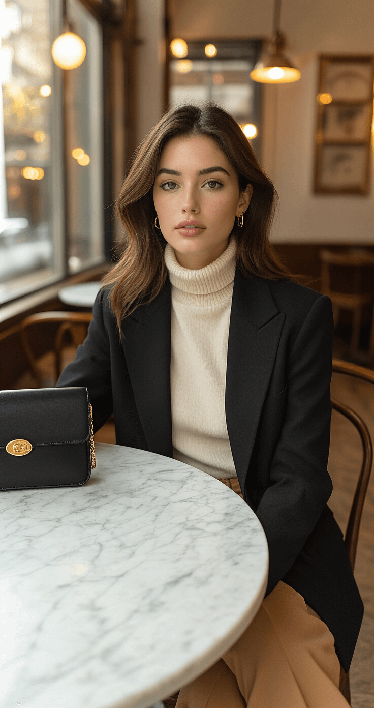 A stylish individual seated at a marble table in a warmly lit city cafe, wearing a cream turtleneck, high-waisted camel trousers, and an oversized black blazer, accessorized with minimal gold jewelry and a classic black leather bag, captured from a slight elevation with a shallow depth of field.