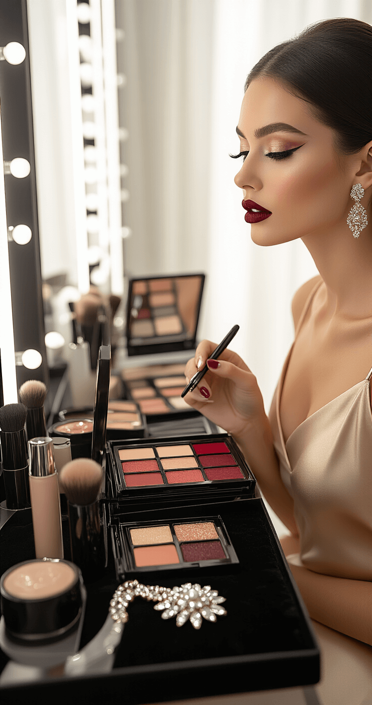 Close-up of a modern makeup studio with diffused morning light, featuring a makeup artist applying bold burgundy lipstick to a model in a champagne silk slip dress. The scene showcases a vanity mirror with premium makeup products, highlighting palettes, and professional brushes, alongside an elaborate diamond and pearl jewelry set on a black velvet tray, captured from the artist's perspective.