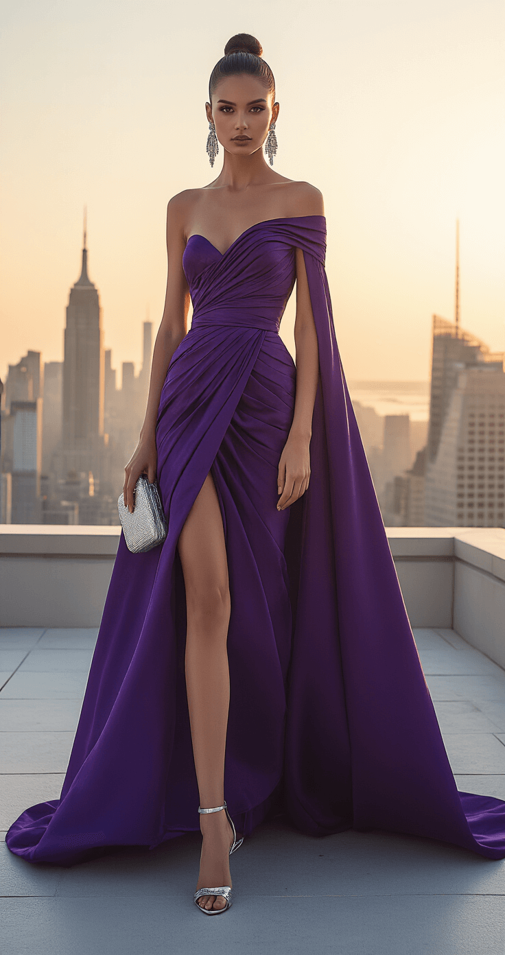 A model in a royal purple duchess satin ballgown with architectural pleating and a dramatic cape stands on a luxury hotel rooftop terrace at sunset, city skyline in the background. Her sleek high bun reveals statement diamond chandelier earrings, while she holds a silver Jimmy Choo clutch and wears matching stilettos. The golden hour lighting casts beautiful shadows and highlights on the fabric, captured from a slight elevation to showcase the dress's movement against the urban landscape.
