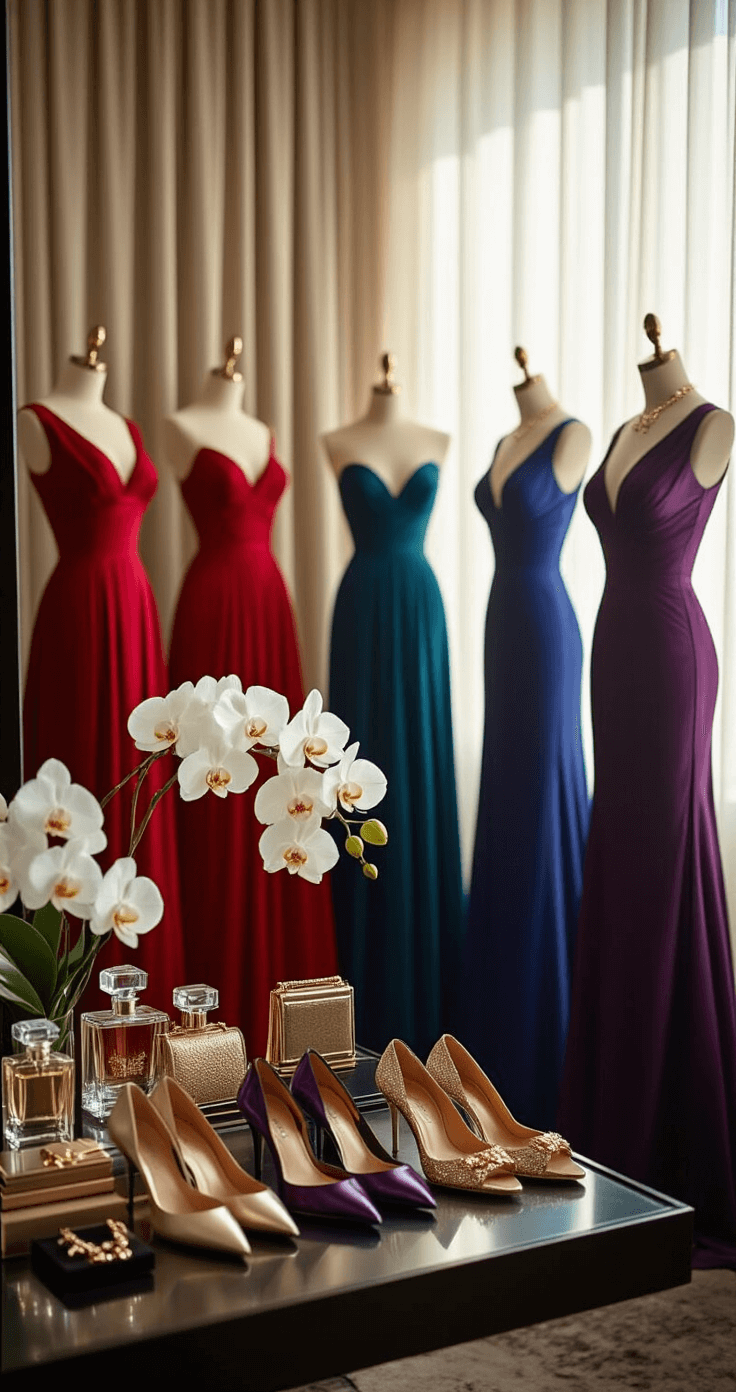 A classic Hollywood-style dressing room illuminated by mid-afternoon natural light, featuring mannequins in jewel-toned couture gowns, an organized styling station with designer shoes and elegant bags, adorned with crystal perfume bottles and fresh white orchids.