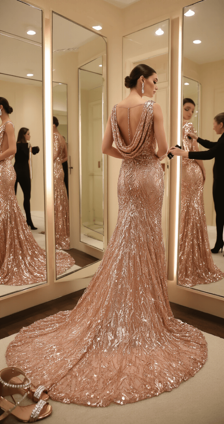 Model fitting a rose gold sequined gown in an intimate boutique dressing room, with intricate beadwork reflecting in a three-way mirror. A stylist adjusts the gown's dramatic train while a professional steamer perfects the fabric's fall. Delicate diamond accessories and metallic sandals are in the foreground, captured from a side angle to emphasize the mirrors and the styling process.