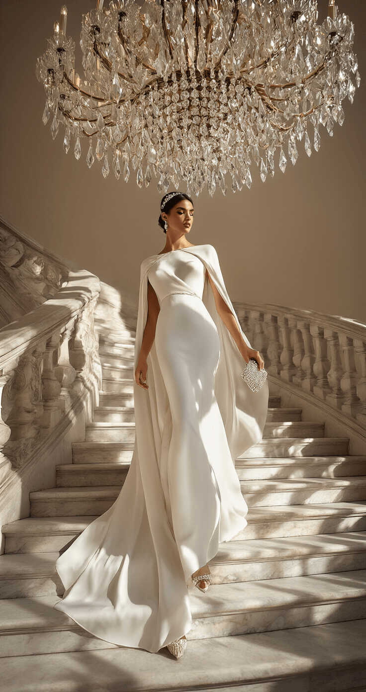 Model in a flowing white silk crepe dress with cape sleeves descends a grand marble staircase in a historic mansion, illuminated by late afternoon light. A diamond tiara glistens atop her head, while she carries a pearl-embellished clutch and wears crystal-encrusted pumps. A massive crystal chandelier hangs above, casting dramatic shadows and enhancing the luxury of the scene.