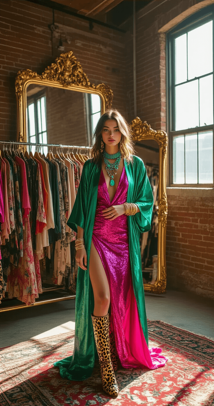A young woman in an emerald silk kimono layered over a hot pink sequined dress poses in a sunlit artist's loft, surrounded by clothing racks. She wears leopard print boots and a turquoise statement necklace, with stacked bangles adorning her wrists. Gold baroque mirrors reflect the maximalist styling around her, and a vintage Persian rug lies on the floor, amidst exposed brick walls. The wide-angle shot captures the natural light streaming through industrial windows, emphasizing the vibrant fashion editorial style.
