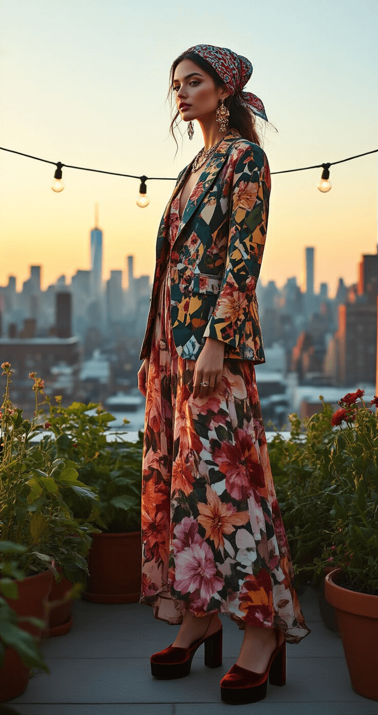 A model poses in a bohemian rooftop garden during golden hour, wearing a clashing floral maxi dress and a geometric print blazer. Accessories include velvet platform shoes, mixed metal jewelry, and a printed head scarf. The scene features potted plants and string lights with the Manhattan skyline in the background, captured with a shallow depth of field that emphasizes the details of the textiles.
