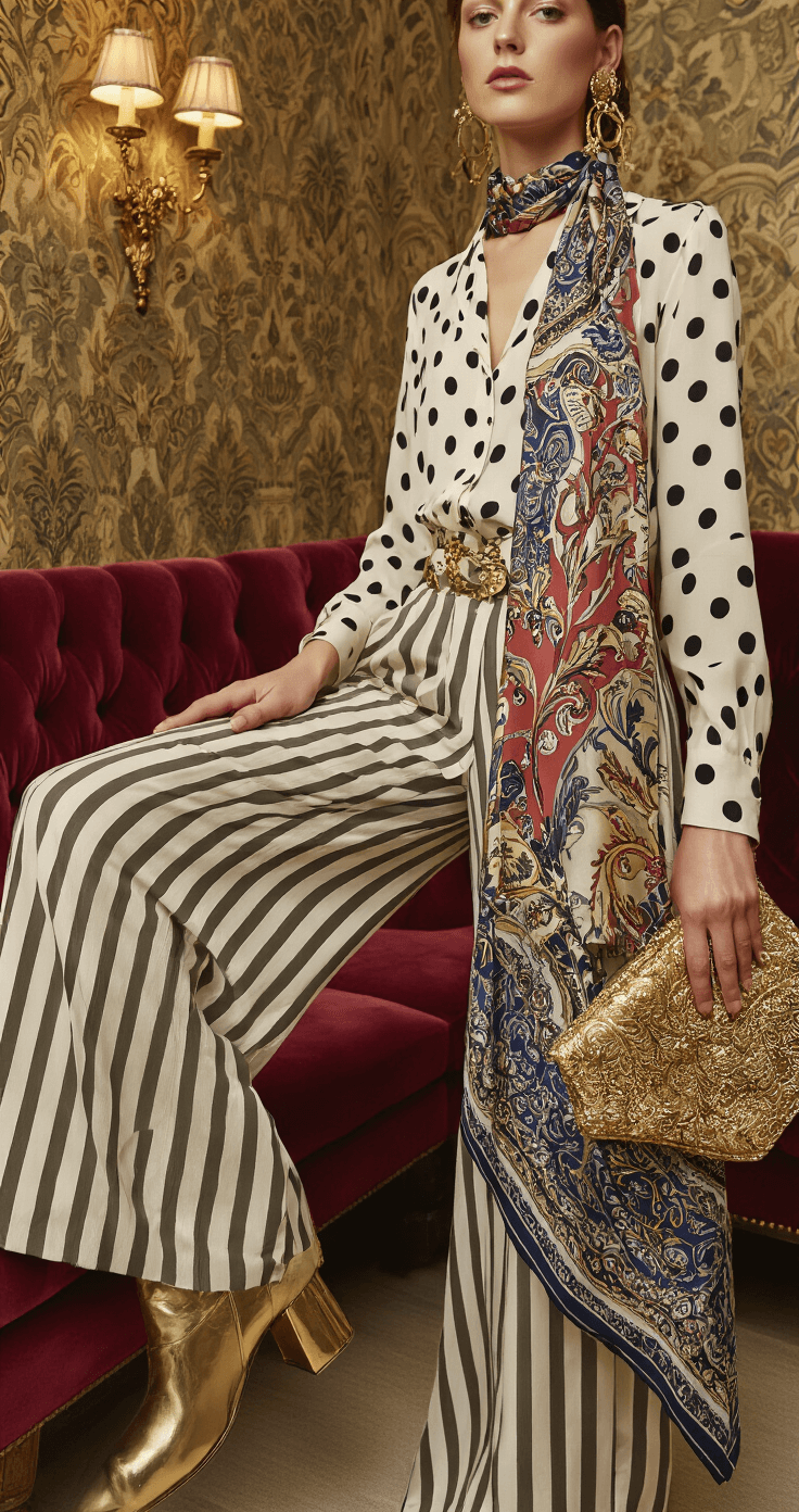 Close-up of a stylish boutique fitting room showcasing a polka dot blouse paired with striped wide-leg pants and a paisley silk scarf. Textured gold accessories, an embellished clutch, and metallic boots complement the outfit. The scene features plush velvet seating and ornate wallpaper, with soft diffused lighting from designer sconces highlighting the intricate fabric textures.