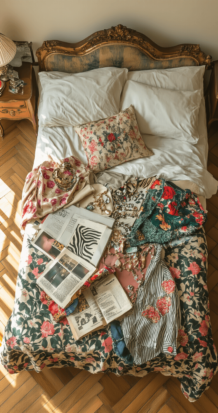 A vintage apartment captured in morning light featuring a styled flat lay on an antique bed, showcasing torn magazine inspirations, jewel-toned garments, chunky necklaces, and mixed prints of zebra, florals, and plaids, accompanied by metallic accessories and embroidered pieces. The ornate furniture and herringbone floors create an elegant backdrop, with the composition shot from above to emphasize the full arrangement in soft natural window light.