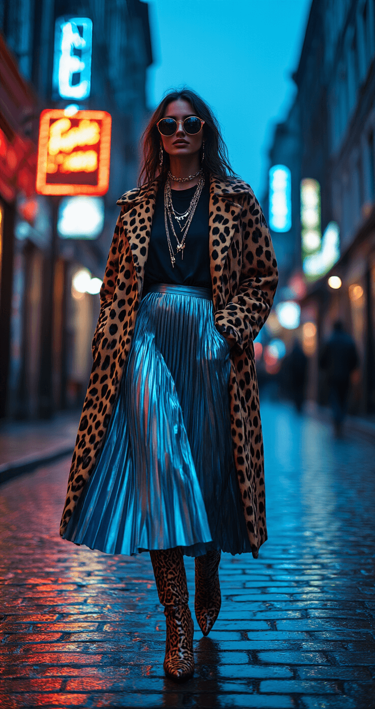 A model in motion at a street corner cafe during blue hour, wearing a pleated metallic skirt, graphic tee, leopard coat, and snake print boots. She is accessorized with layered necklaces, oversized sunglasses, and a printed silk scarf, set against a backdrop of neon signs and wet cobblestone streets, captured in a dynamic street photography style with motion blur.