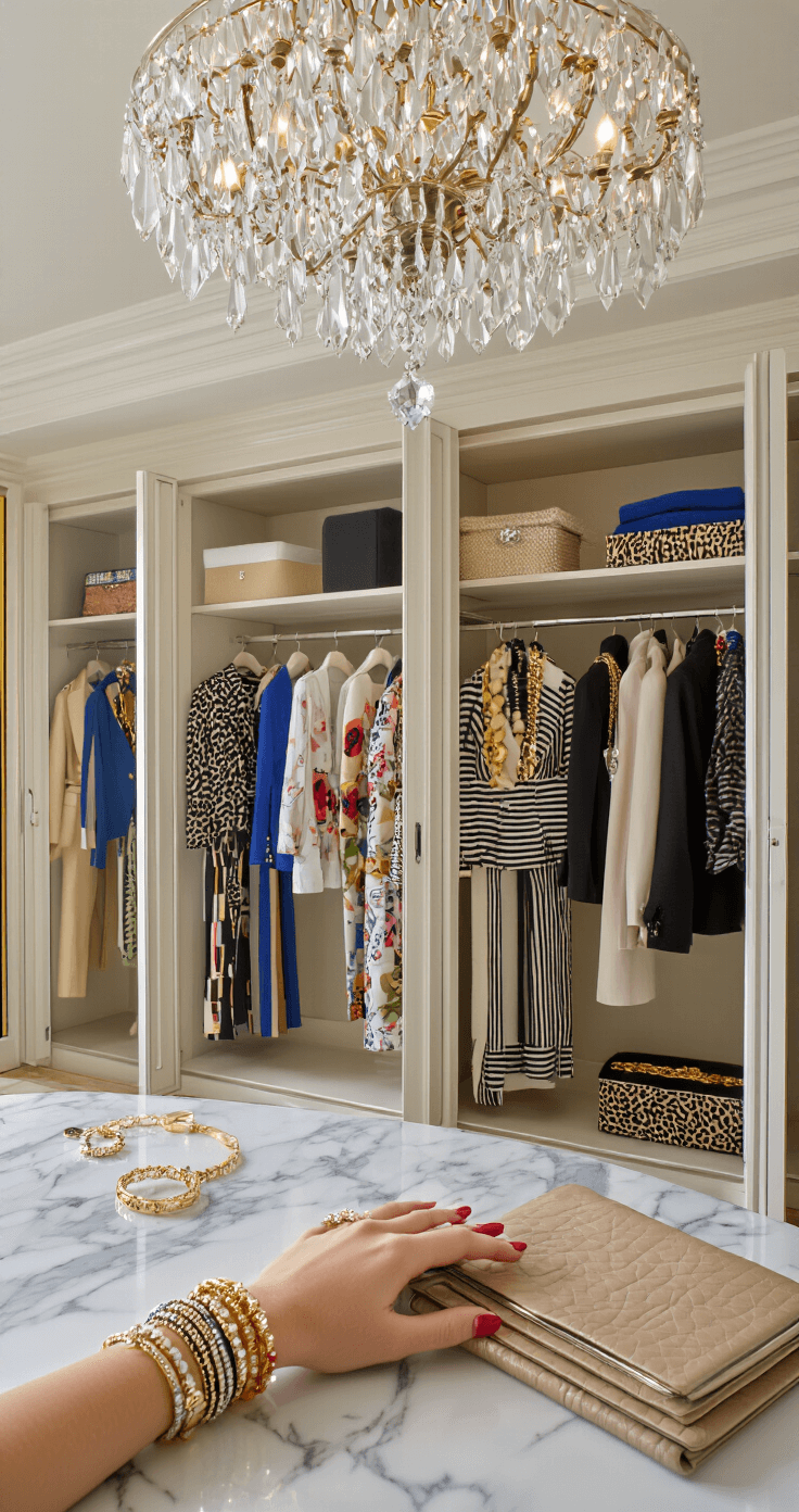A luxurious hotel suite during midday featuring open wardrobes with vibrant color-blocked outfits and mixed patterns, illuminated by bright natural light. A crystal chandelier hangs above marble surfaces, while detail shots capture layered accessories, including stacked bracelets, mixed chains, and bold rings, creating an elegant lifestyle atmosphere.