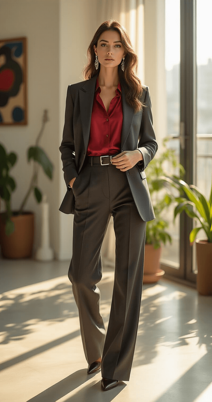 A professional woman in her 30s styles a charcoal grey power suit with a silk crimson blouse in a sunlit minimalist loft, adjusting her leather belt as golden morning light streams through large windows, highlighting the scene's modern art and trailing plants.