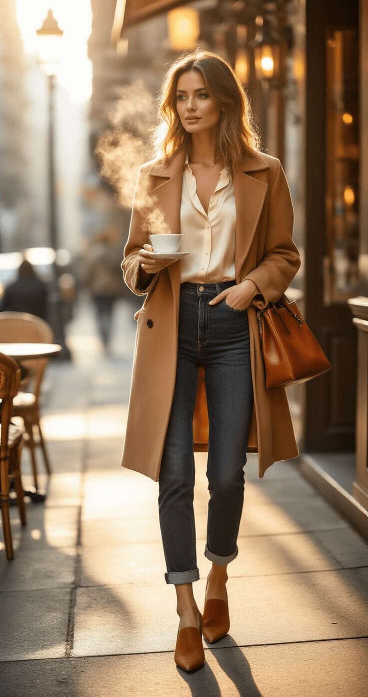 A fashionable woman in high-waisted dark denim and a cream silk blouse stands at a chic downtown sidewalk café, with a camel wool coat draped over her shoulders. She holds an espresso cup with steam rising, while a sleek leather tote and cognac brown suede mules complete her elevated casual look. The warm amber tones of magic hour lighting illuminate the scene, captured from street level.