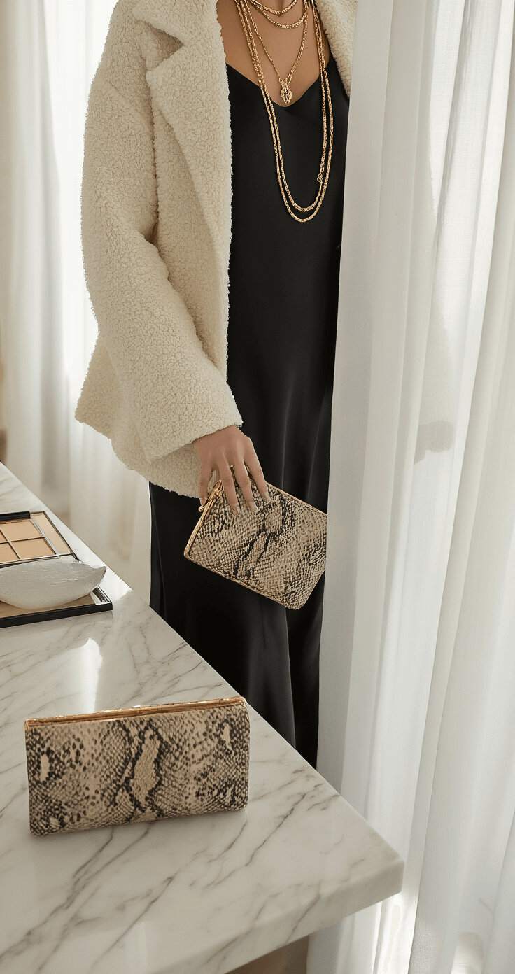 A contemporary penthouse dressing room featuring a close-up of an outfit layered with a black silk charmeuse slip dress and a cropped cream bouclé jacket. Gold layered necklaces and a structured python clutch add luxury, while a marble vanity reflects soft midday light through sheer curtains, capturing intimate details of fabric textures and jewelry.