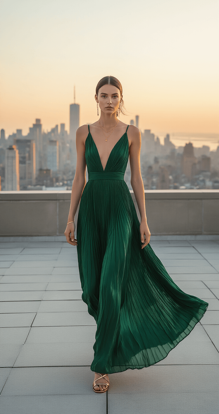 Model in a flowing emerald green pleated maxi dress and metallic strappy sandals poses in motion on an industrial-chic rooftop at sunset, with a city skyline backdrop; delicate gold jewelry and sleek pulled-back hair enhance the look, while the wind adds movement to the dress.