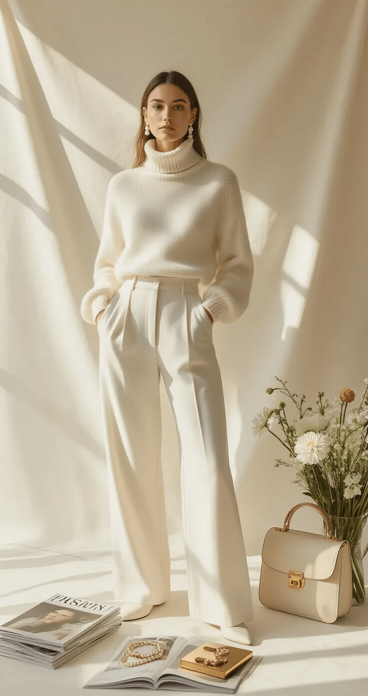 Bright, airy home studio with morning light casting shadows. Features a winter whites styling session: cream cashmere turtleneck, ivory wide-leg trousers, pearl drop earrings, and a bone leather bag. Minimalist setup with a neutral textile backdrop, fashion magazines, a gold jewelry box, and fresh flowers, captured overhead with a focus on clean composition.