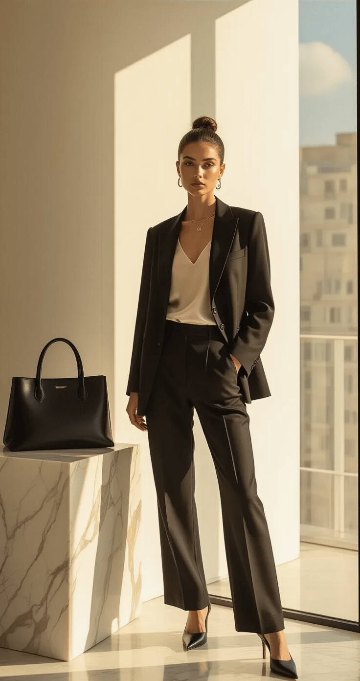 A fashion influencer in a sunlit minimalist studio apartment, wearing a black blazer over a cream camisole and charcoal trousers, stands before a white wall. Her designer tote rests on a marble side table as golden hour light highlights her natural makeup and delicate gold jewelry.