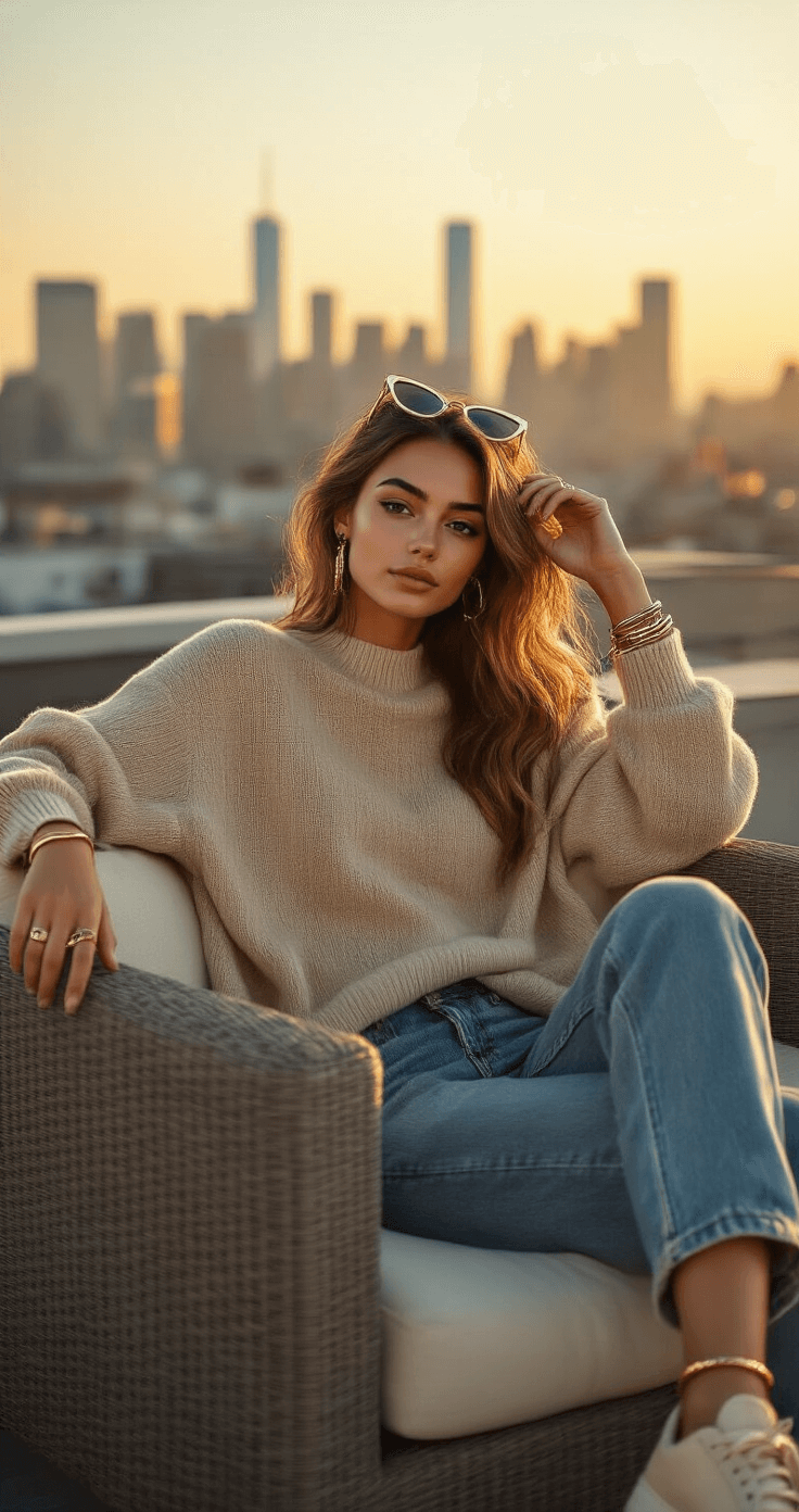 A model lounges on a modern rooftop terrace at sunset, wearing an oversized beige cashmere sweater, vintage high-waisted Levi's, and cream leather sneakers. She has cat-eye sunglasses on her head and a stack of mixed metal bracelets, with loose waves fluttering in the soft evening breeze, all set against a city skyline backdrop illuminated by warm golden light.