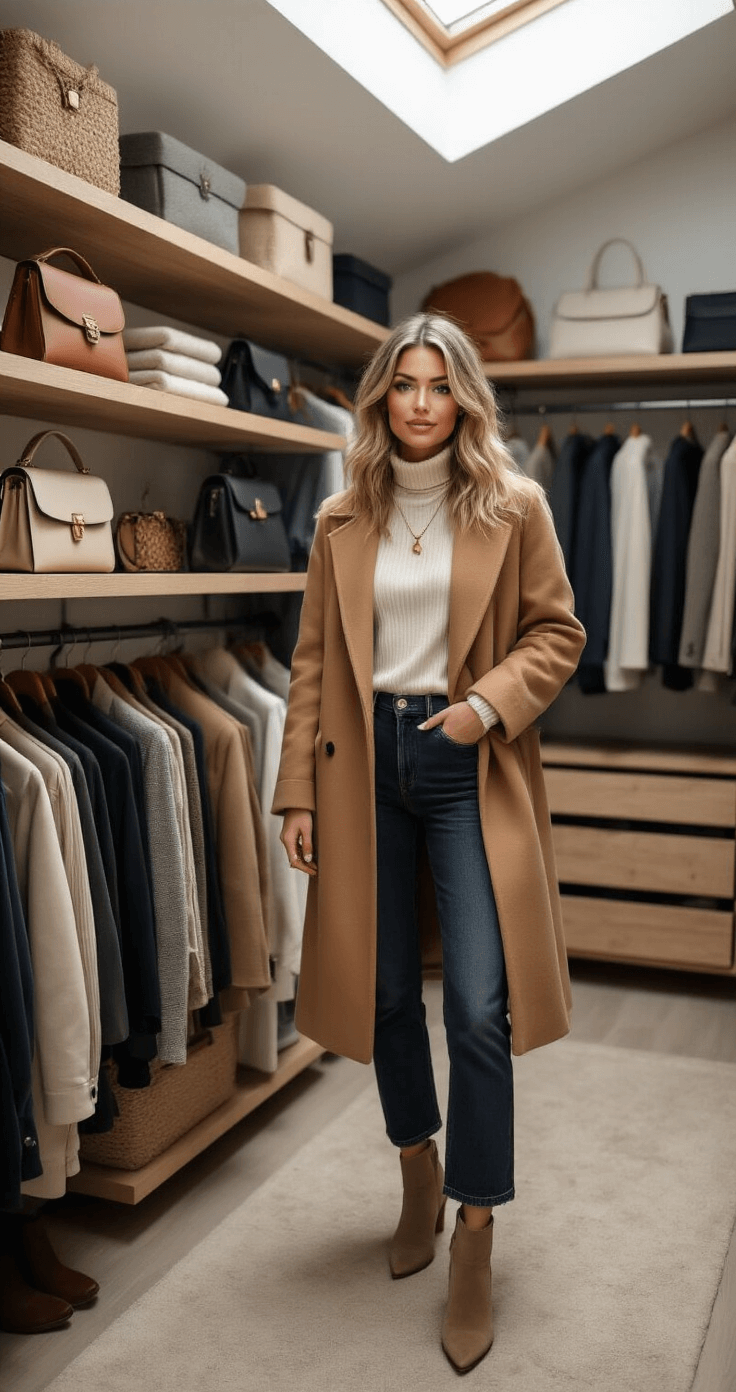 A lifestyle blogger in a chic industrial-style walk-in closet, dressed in a camel wool coat, ivory ribbed turtleneck, dark wash straight-leg jeans, and suede ankle boots, styles outfits under ambient afternoon light from a skylight. The organized space features designer bags on floating shelves and a curated rack of blazers, while her hair cascades in effortless waves, accentuated by delicate layered necklaces.