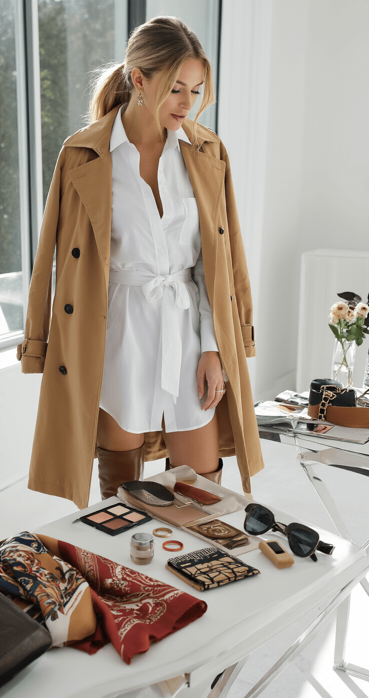 A style consultant showcases layering techniques in a bright fashion studio, dressed in a white tailored shirt dress with a belted camel trench coat and knee-high leather boots. Accessories including designer sunglasses, vintage silk scarves, and a statement belt are artistically arranged on a nearby table. The consultant has clean beauty makeup and a sleek ponytail, with the image focusing on the details of her layered outfit.