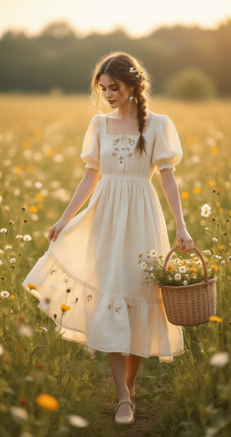 A young woman in a cream linen midi dress twirls in a sunlit meadow, surrounded by wildflowers. She has loose braids adorned with daisies, and a straw basket of freshly picked flowers sits nearby. The scene is bathed in golden hour light, with a dreamy bokeh effect in the background.