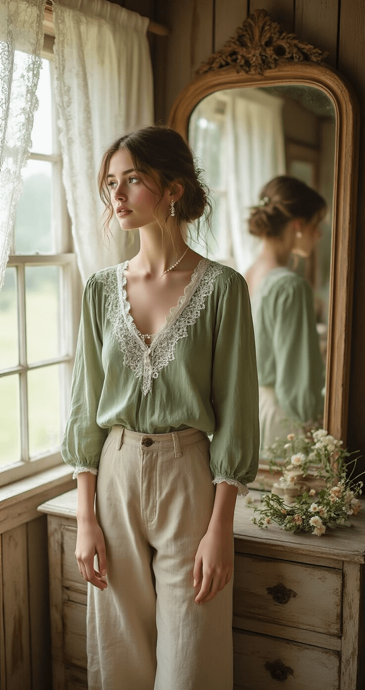 Interior of a rustic cottage bedroom with morning light streaming through lace curtains, featuring a model in a sage green peasant blouse and high-waisted beige linen pants, standing before a vintage mirror. A weathered wooden dresser displays accessories like a pearl hairpin, pressed flower jewelry, and a handmade flower crown, all captured in soft natural lighting.
