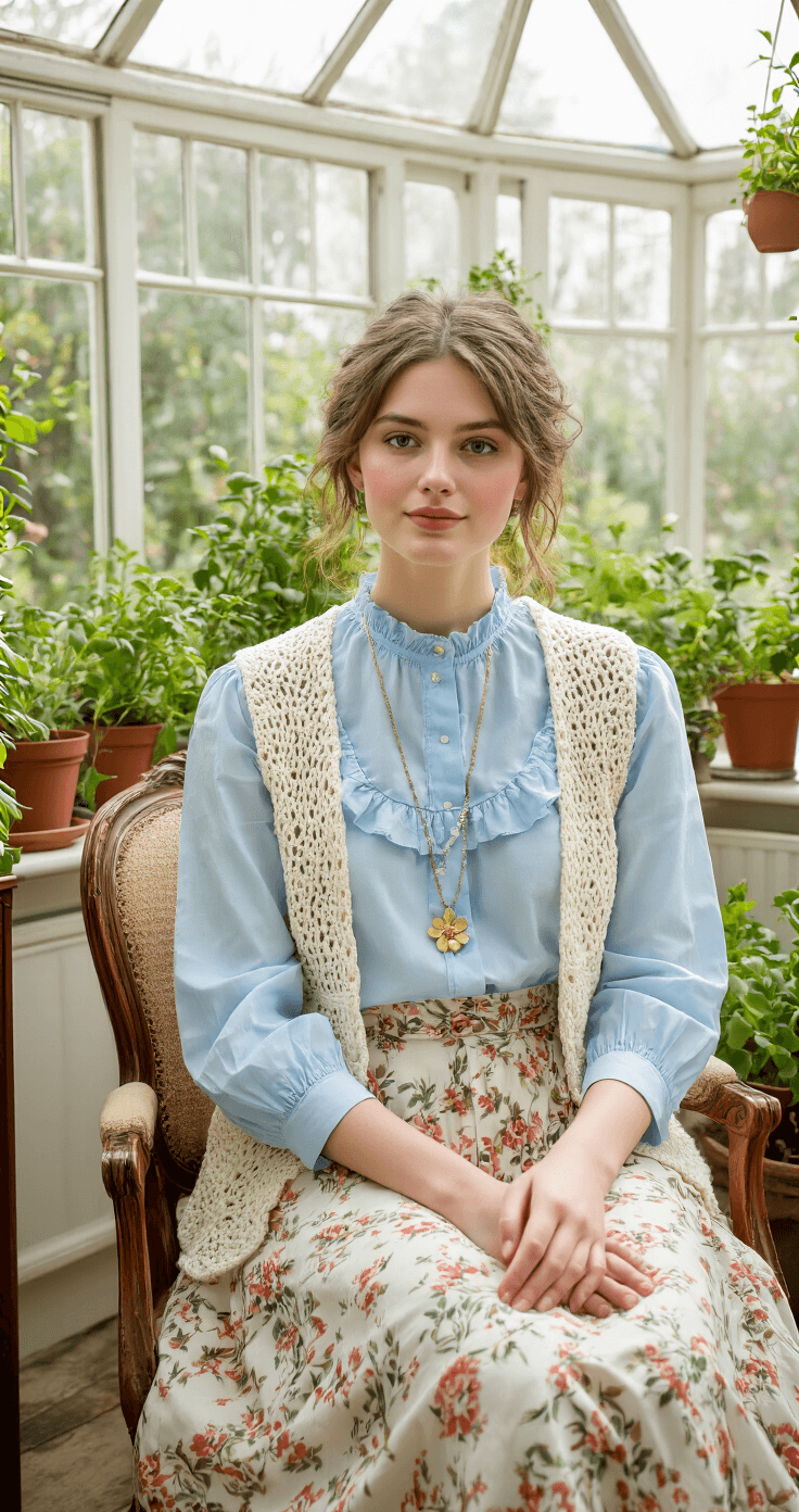 Aerial view of a light-filled conservatory featuring potted herbs and vintage furniture. A person sits on an antique chair, dressed in a sky blue cotton blouse with a ruffled collar, high-waisted floral skirt, and a cream crocheted vest. A delicate gold necklace with a pressed flower pendant is visible, with sunlight streaming through the glass ceiling.