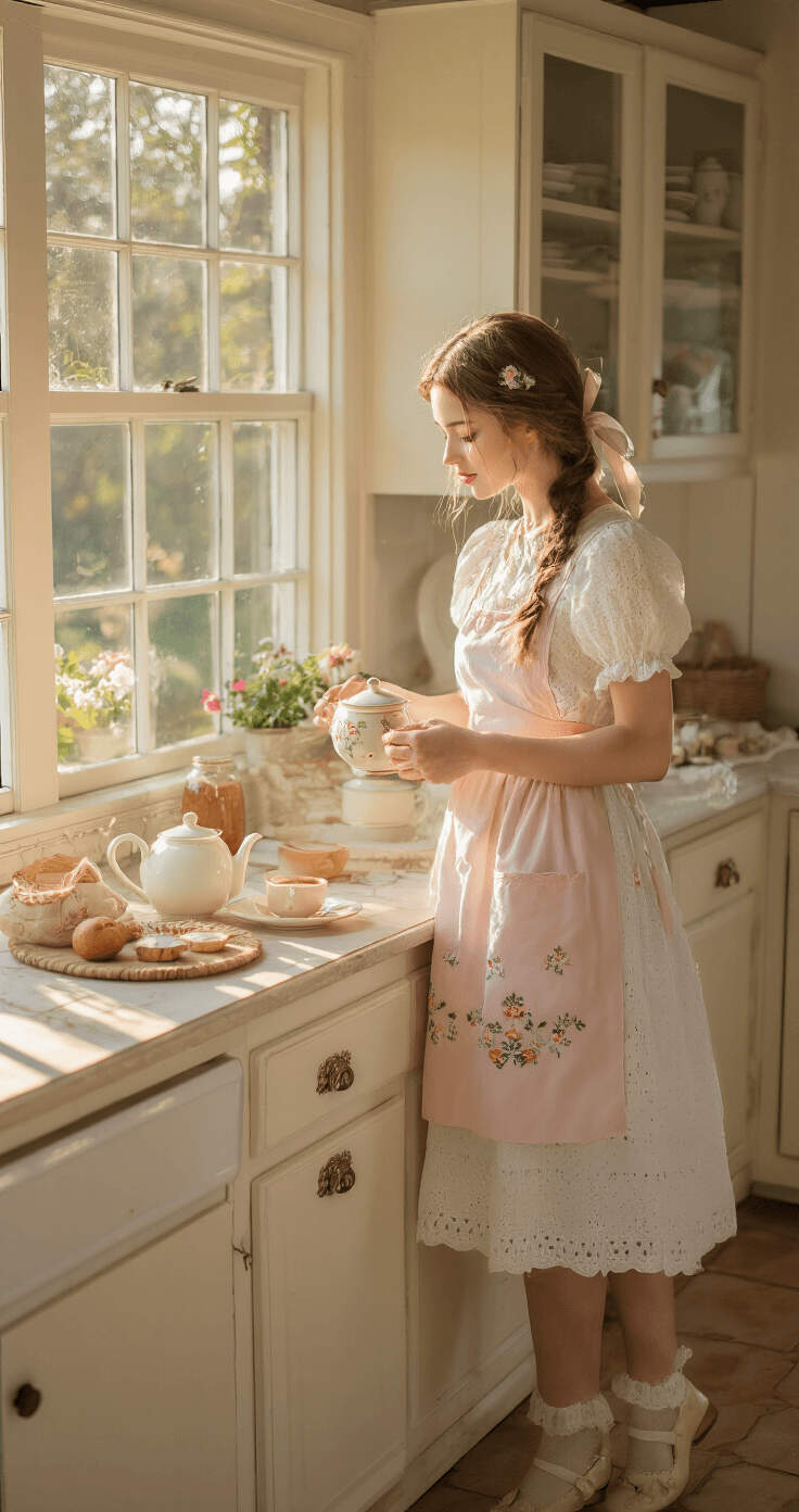 A serene cottage kitchen at sunrise, showcasing a model in a white eyelet midi dress with puff sleeves and a pale pink embroidered apron, preparing tea. Her hair is in a loose braid adorned with ribbons, and she wears delicate lace-trimmed socks with vintage Mary Janes, all illuminated by soft morning light filtering through the windows.