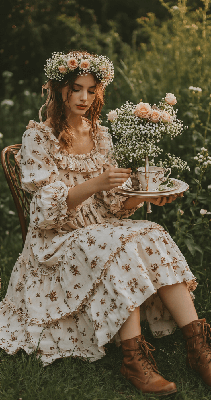 A serene tea party scene in a dreamy garden at dusk, featuring a person in a soft earth-toned cottagecore dress with tiered ruffles and bishop sleeves, arranging flowers. They wear a handmade flower crown of baby's breath and roses, complemented by vintage brown leather lace-up boots, all captured with natural backlighting and a blurred background.