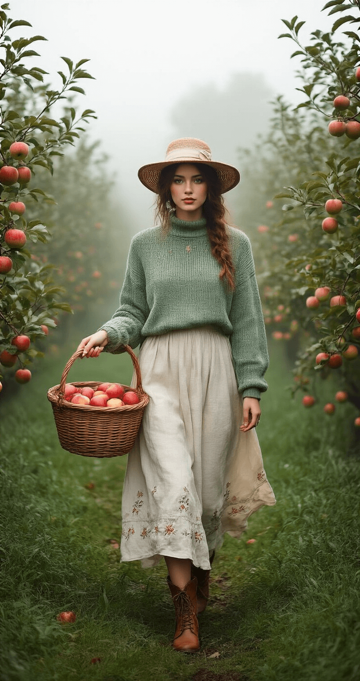 A model strolls through a misty apple orchard, wearing a cream linen dress with floral embroidery and a sage green knit sweater, holding a woven basket filled with apples. She accessorizes with a straw hat, vintage leather boots, and handmade jewelry, all framed by morning fog.