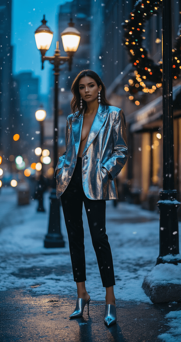How to Rock Your New Year's Eve Look: Your Ultimate Style Guide for 2024 A stylish model stands on a cozy urban street corner at blue hour, dressed in an oversized metallic blazer and slim black trousers, with street lamps illuminating the shimmering fabric. She wears chunky pearl earrings and pointed metallic mules, while light snowfall and holiday decorations create a festive background in this documentary-style street photograph.