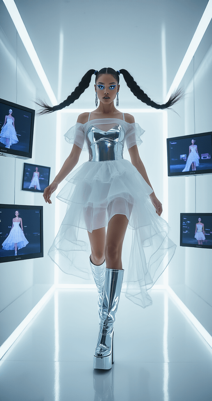 A model in a motion capture suit poses in a gleaming white fashion studio with infinity walls, wearing a sheer layered dress over a metallic bodysuit and chunky platform boots. Her hair is styled in dual high ponytails with cyber attachments, and she has chrome makeup with glossy lips. Floating screens display digital fashion renders, and the scene is illuminated by strong directional lighting that creates prismatic effects.