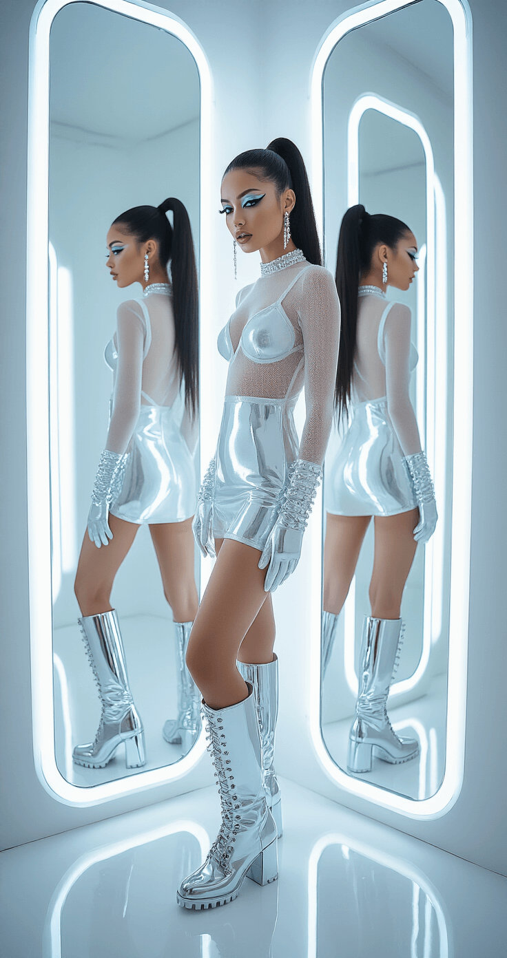 A model in a metallic silver slip dress layered with a frost white mesh top and pearl white combat boots poses in a clinical white bedroom. Her hair is styled in a sleek high ponytail adorned with cyber accessories. She features chrome eyeshadow and glossy lips, while soft morning light filters through smart windows, reflected in infinity mirrors capturing multiple angles of the scene.