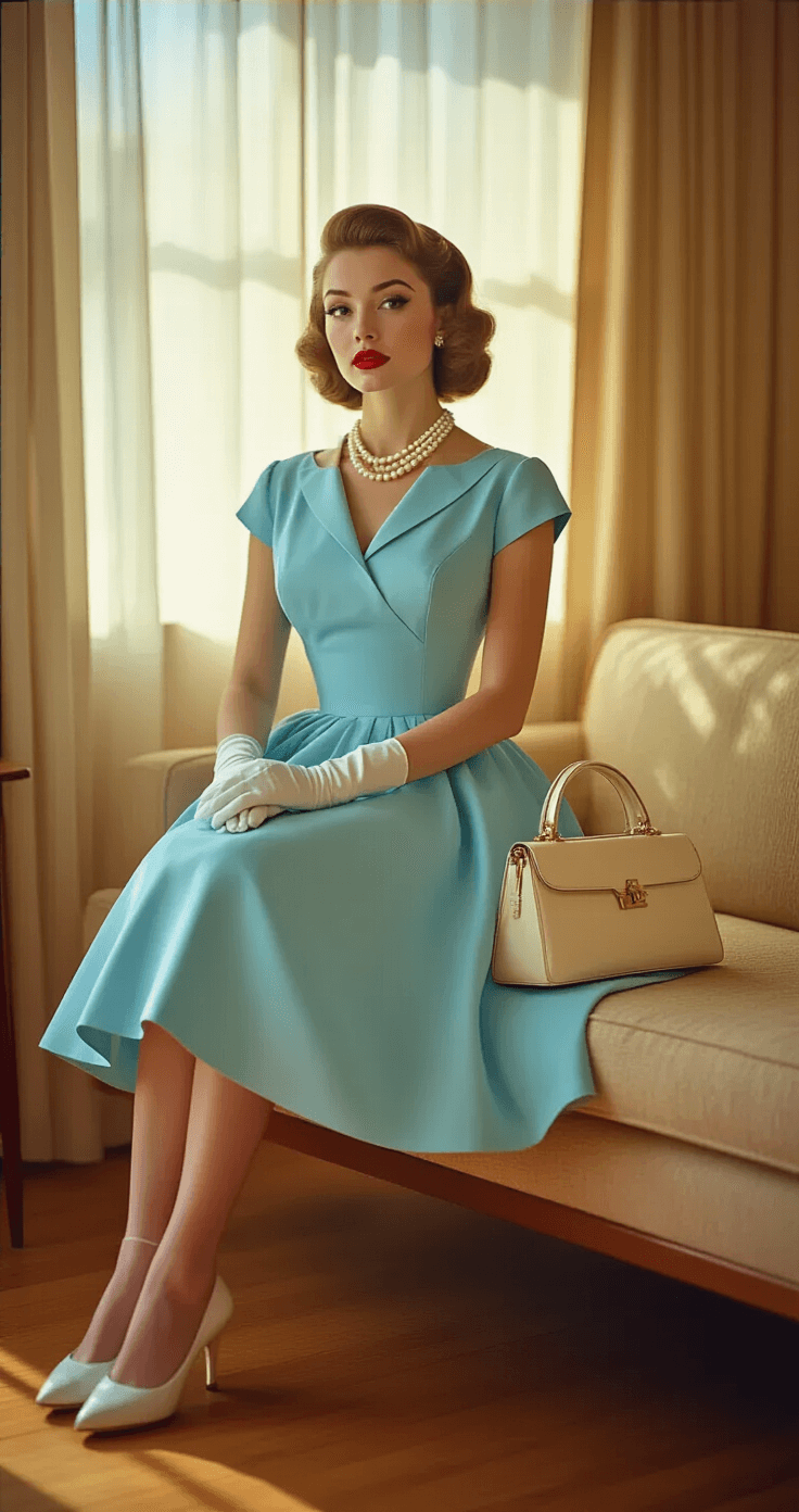 A vintage 1950s living room with natural light streaming through sheer curtains, featuring a model in a powder blue tea-length dress with victory rolls, posing on a mid-century modern sofa, accessorized with white gloves, pearl jewelry, and a cream leather handbag, all captured in warm tones at golden hour.