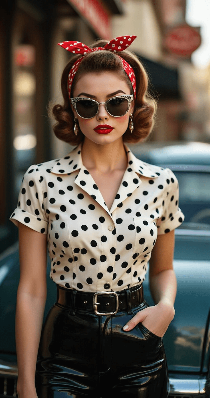 A stylish woman in high-waisted black cigarette pants and a polka dot blouse poses in a vintage cafe corner, showcasing rockabilly hair with a red bandana and victory rolls, while adjusting her wide patent leather belt; cat-eye sunglasses rest on her nose, with a classic car's chrome details reflecting in the background under dramatic morning light.