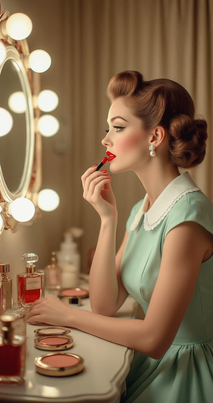 A woman in a mint green swing dress with a white collar applies classic red lipstick at a warm-lit vanity, featuring a circular mirror. Her immaculate victory rolls and sparkling pearl earrings complement the vintage atmosphere, enhanced by artfully arranged perfume bottles and powder compacts. The scene is captured in a soft focus with diffused lighting, highlighting her elegance.