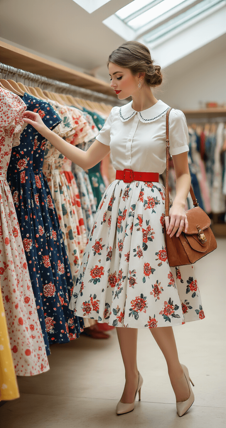 A woman in a fitted white blouse and red belt browses vintage-style circle skirts in a bright boutique, surrounded by floral, polka dot, and atomic print fabrics under natural skylight.