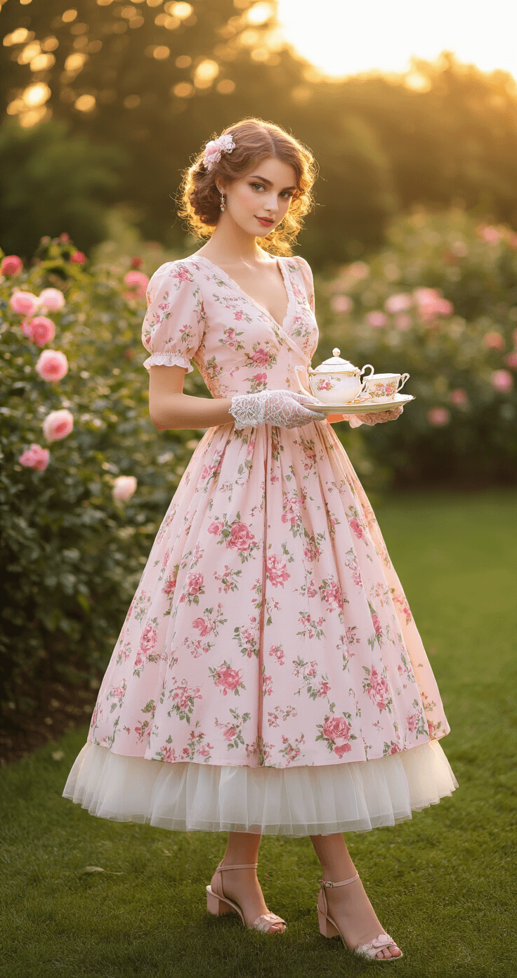 A model in a pastel pink floral tea dress serves tea from vintage china in a manicured garden, surrounded by blooming roses, while wearing lace gloves and kitten heel sandals, styled with soft curls and a floral accessory. The scene captures a dreamy golden hour ambiance with a telephoto lens effect.
