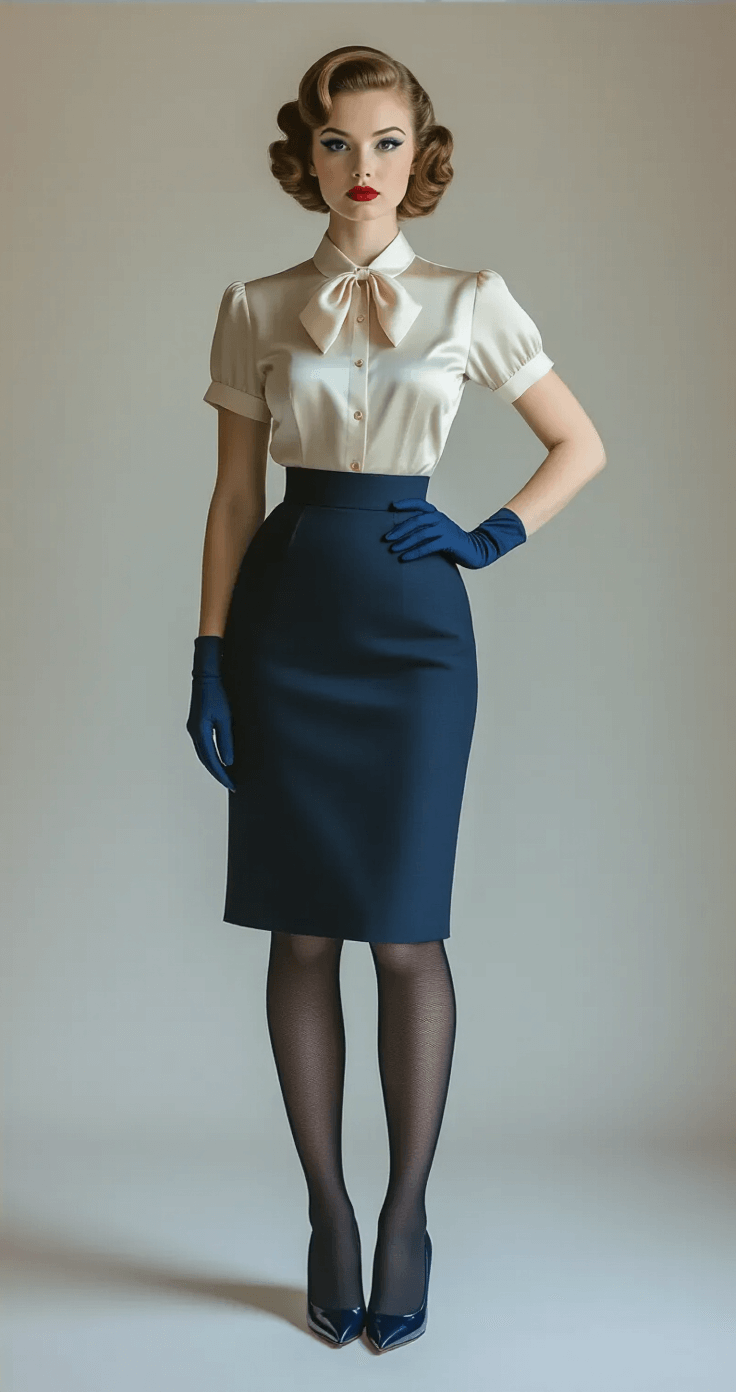 A model in a classic 1950s silhouette poses against a plain backdrop, wearing a deep navy high-waisted pencil skirt and a tucked-in silk blouse with a bow detail. She complements the look with seamed stockings, pointed pumps, and navy gloves, while her hair is styled in pin curls and bold winged eyeliner accentuates her eyes. Studio lighting enhances the sculptural quality of the outfit.
