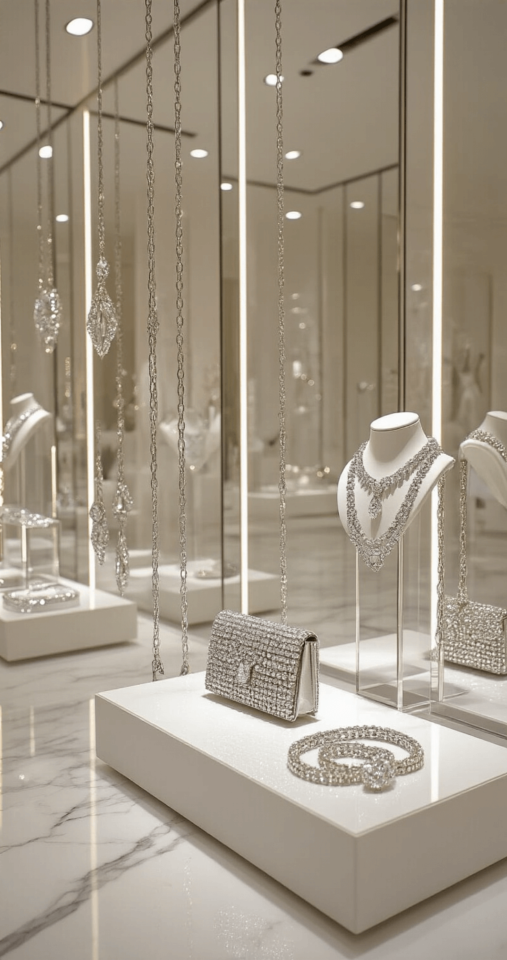 Rock That Popstar Style: Your Ultimate Guide to Dressing Like a Music Icon Contemporary boutique interior showcasing marble floors and mirrored walls, featuring crystal-embellished accessories on a minimalist white display, including cascading chain belts, statement necklaces, and a central bedazzled clutch.