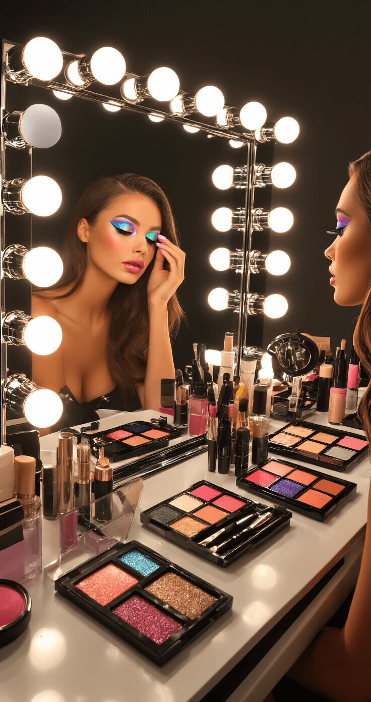 Rock That Popstar Style: Your Ultimate Guide to Dressing Like a Music Icon A backstage-inspired vanity scene featuring a model applying holographic eyeshadow in the mirror, surrounded by vibrant eyeshadow palettes, high-shine lip products, and styling tools, all arranged for visual impact with warm lighting and ring light reflections.