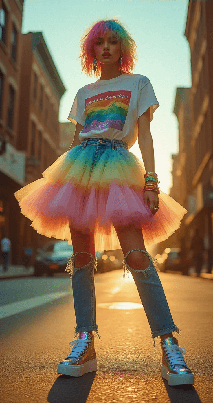 A fashion-forward model at an urban street corner during golden hour, wearing a layered rainbow tulle skirt over distressed denim and an oversized vintage band t-shirt, complemented by platform sneakers with holographic glitter. Her pastel chalk-colored hair resembles cotton candy, and she accessorizes with mismatched statement earrings and colorful bangles. The image is shot from a low angle, capturing the movement of her skirt against a blurred background.