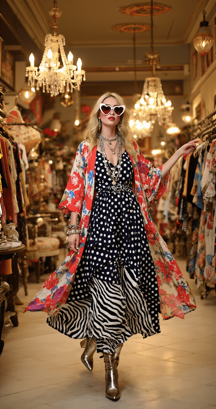 Eclectic vintage boutique featuring warm ambient lighting and antique chandeliers, showcasing a model mid-twirl in a polka dot midi dress over zebra-print pants, layered with a floral kimono. The maximalist look is complemented by oversized heart-shaped sunglasses, multiple charm necklaces, and metallic boots, all captured in a wide-angle shot.